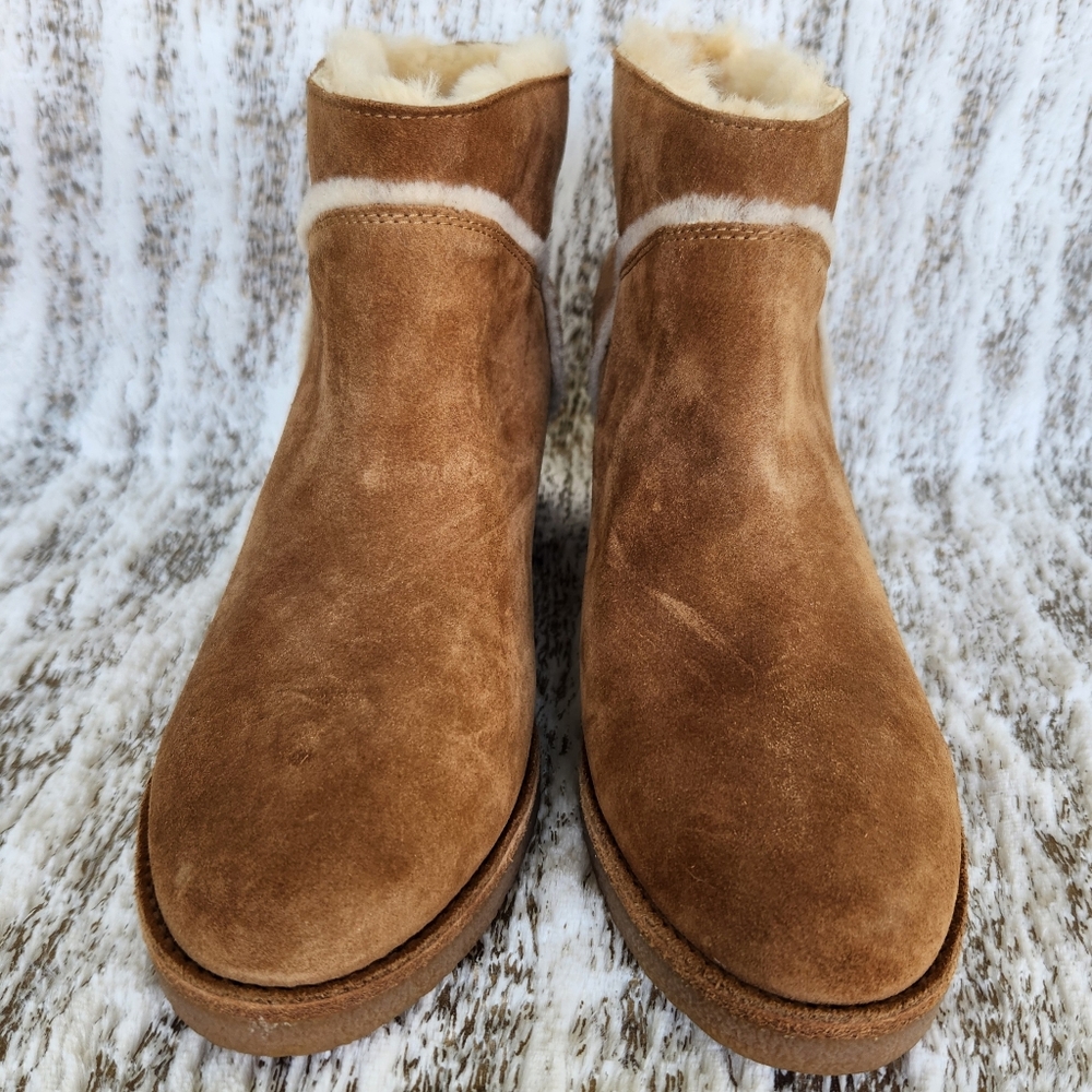 NWOT UGG "Kasen" Suede Sherpa Block Heel Ankle Boot Tan Leather | Women’s 9.5 - Picture 3 of 13